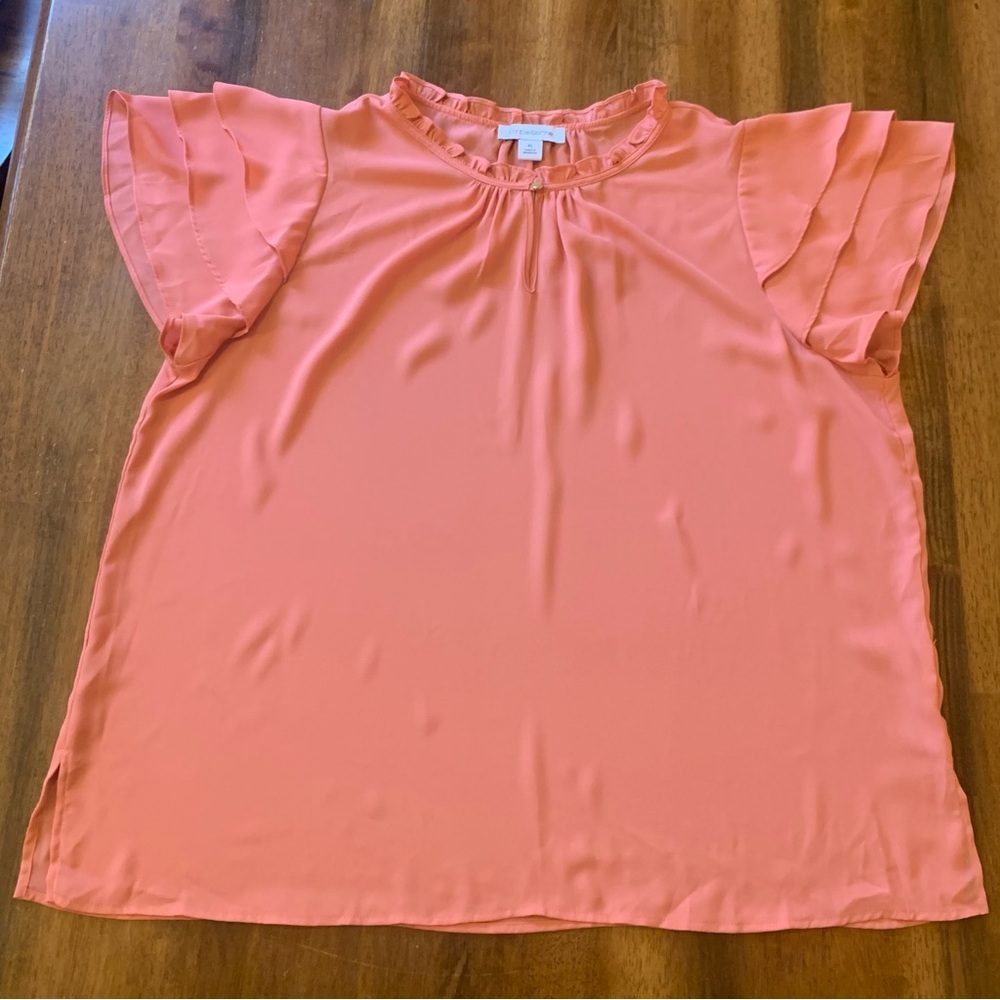 Liz Claiborne blouse XL peach short flutter sleeve top keyhole front w/ …